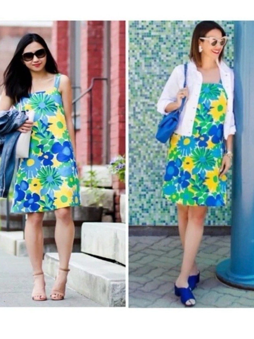 J crew Bright Floral linen blend Sundress in Blue, Green & Yellow